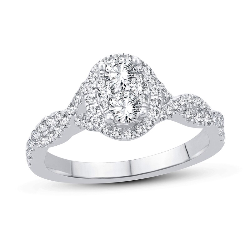 Main Image 3 of 1-1/8 CT. T.W. Oval Multi-Diamond Frame Twist Shank Bridal Set in 14K White Gold