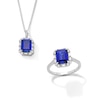 Thumbnail Image 1 of Emerald-Cut Blue and White Lab-Created Sapphire Frame Pendant and Ring Set in Sterling Silver - Size 7