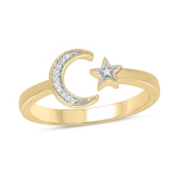 Diamond Accent Crescent Moon and Star Open Shank Ring in Sterling Silver with 14K Gold Plate