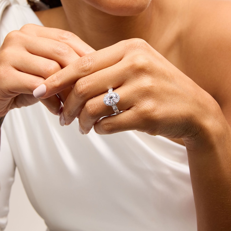 Main Image 2 of 5 CT. T.W. Oval and Emerald-Cut Certified Lab-Grown Diamond Frame Engagement Ring in 14K White Gold (F/VS2)