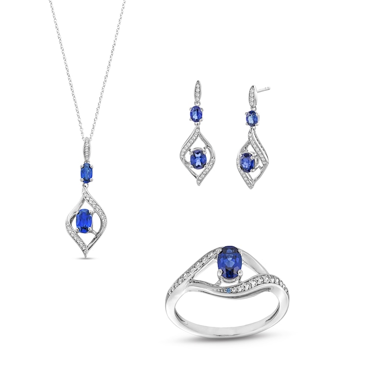 Main Image 1 of Oval Blue and White Lab-Created Sapphire Bypass Frame Drop Pendant, Earrings and Ring Set in Sterling Silver - Size 7