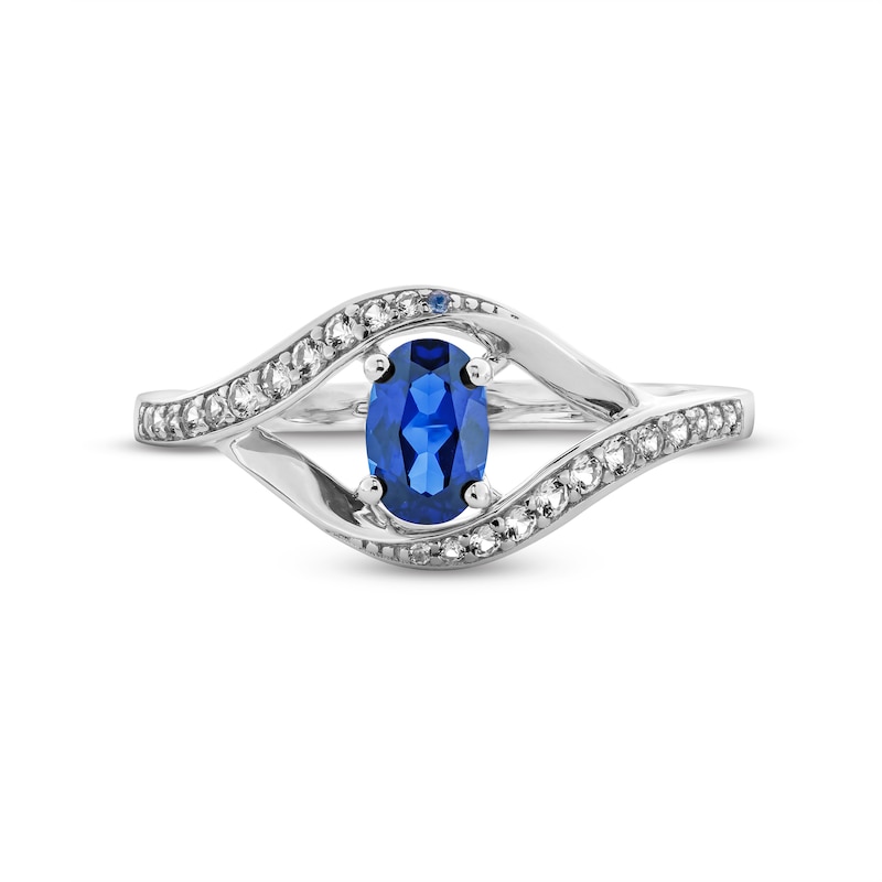 Main Image 4 of Oval Blue and White Lab-Created Sapphire Bypass Frame Drop Pendant, Earrings and Ring Set in Sterling Silver - Size 7