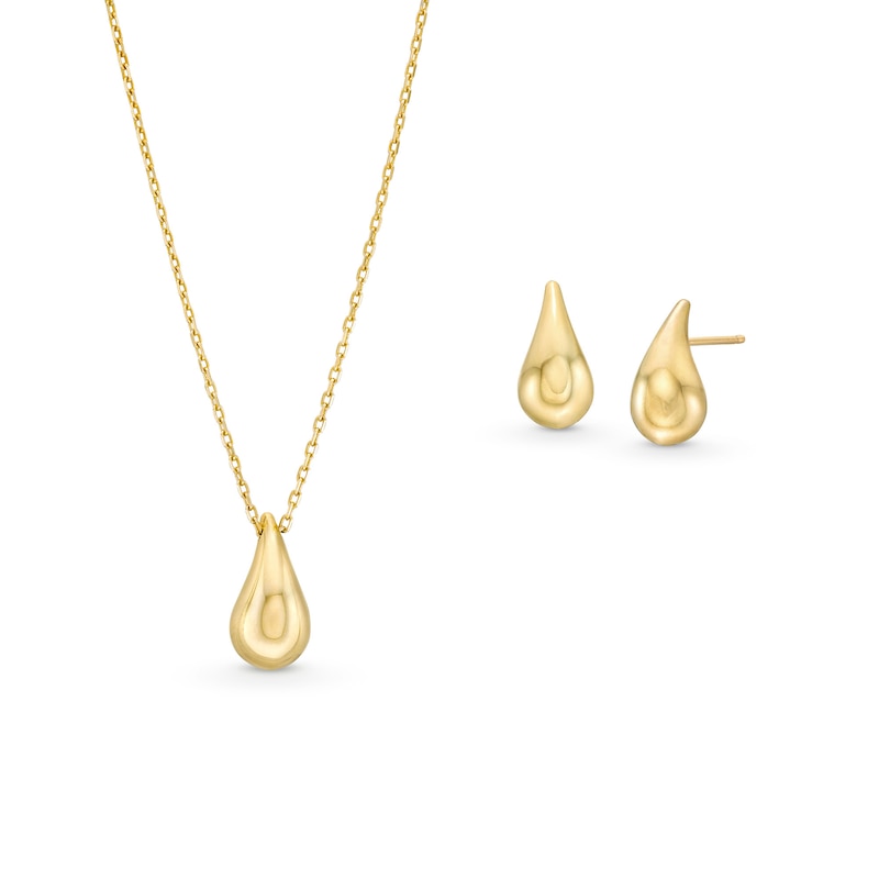 Main Image 1 of Teardrop Pendant and Stud Earrings Set in Hollow 10K Gold - 17"