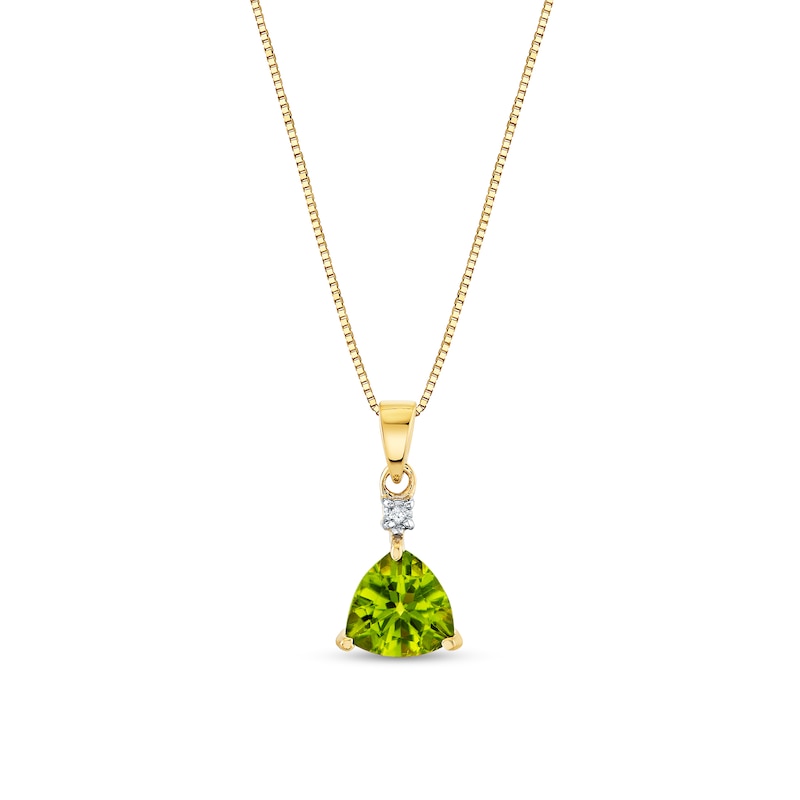 Main Image 1 of 7.0mm Trillion-Cut Peridot and Diamond Accent Drop Pendant in 14K Gold