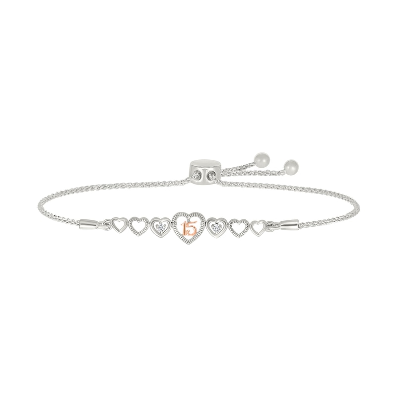 Main Image 1 of 1/20 CT. T.W Diamond Quinceañera "15” Open Hearts Bolo Bracelet in Sterling Silver and 10K Rose Gold - 9.0"