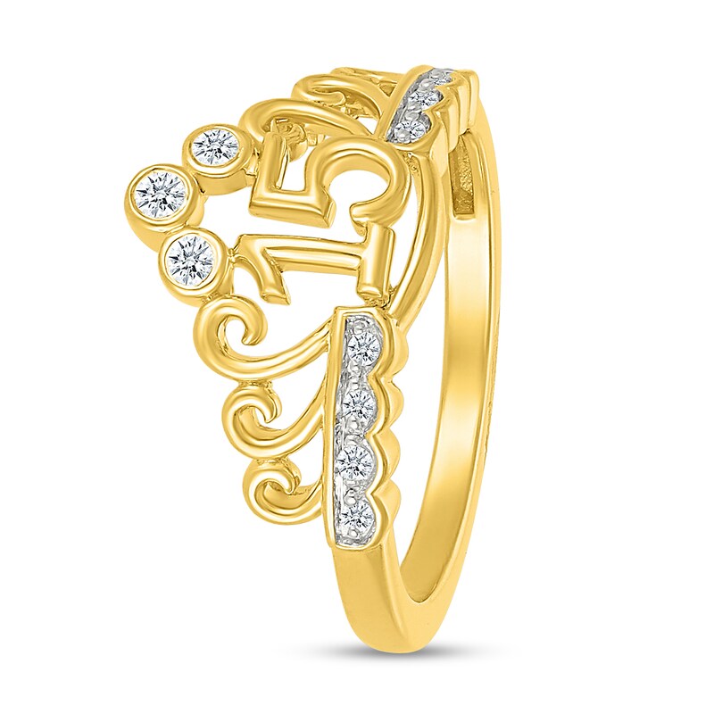 Main Image 2 of 1/10 CT. T.W. Diamond Quinceañera “15” Scrolling Crown Ring in 10K Gold
