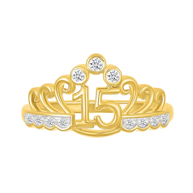 Main Image 3 of 1/10 CT. T.W. Diamond Quinceañera “15” Scrolling Crown Ring in 10K Gold