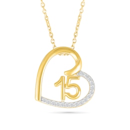 1/10 CT. T.W. Diamond Quinceañera “15” Tilted Open Heart Pendant in Sterling Silver with 10K Gold Plate