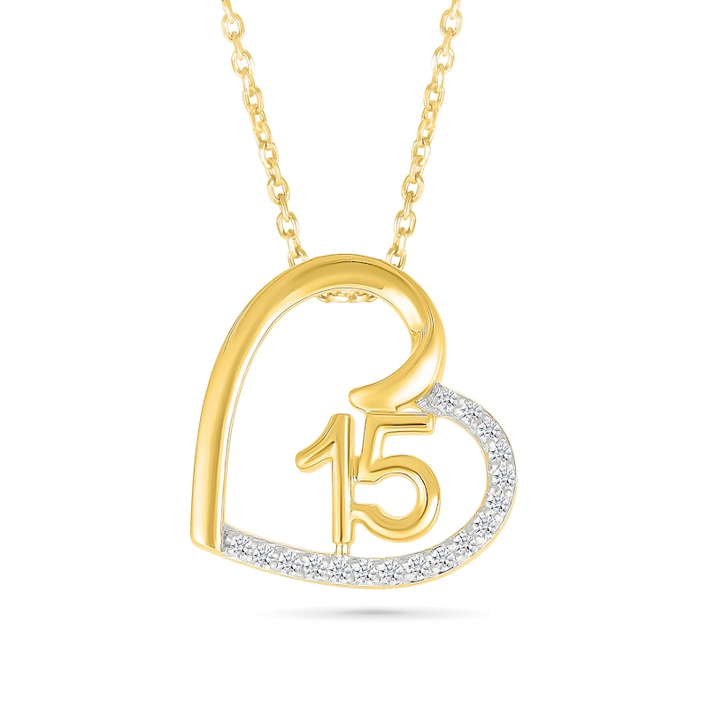 Main Image 1 of 1/10 CT. T.W. Diamond Quinceañera “15” Tilted Open Heart Pendant in Sterling Silver with 10K Gold Plate