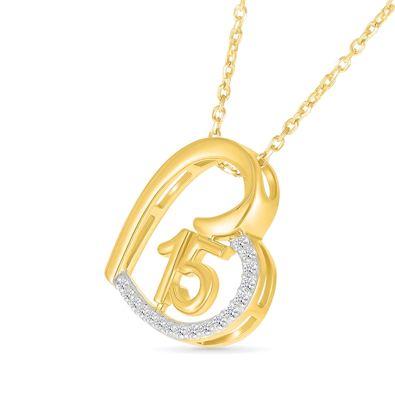 Main Image 2 of 1/10 CT. T.W. Diamond Quinceañera “15” Tilted Open Heart Pendant in Sterling Silver with 10K Gold Plate