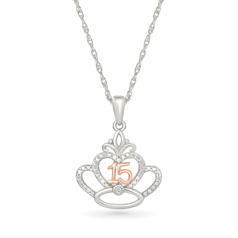 Main Image 1 of 1/20 CT. T.W. Diamond Quinceañera “15” Fleur-de-Lis Crown Pendant in Sterling Silver and 10K Rose Gold