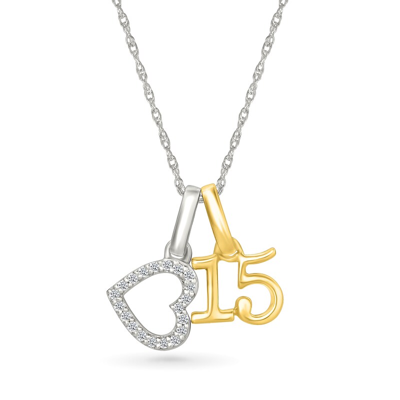 Main Image 1 of 1/20 CT. T.W. Diamond Quinceañera “15” and Heart Two Piece Charm Pendant in Sterling Silver and 10K Gold