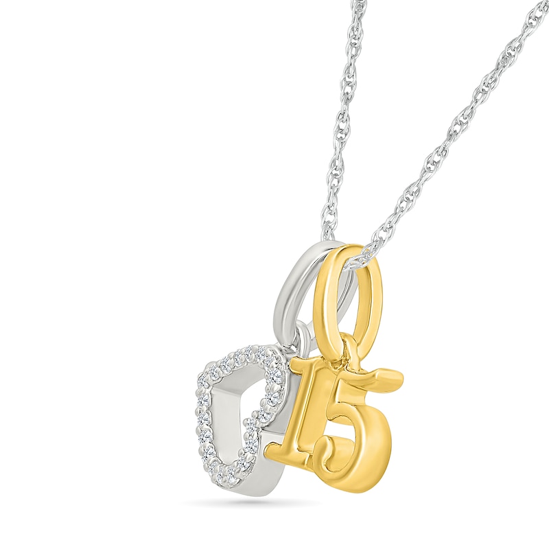 Main Image 2 of 1/20 CT. T.W. Diamond Quinceañera “15” and Heart Two Piece Charm Pendant in Sterling Silver and 10K Gold