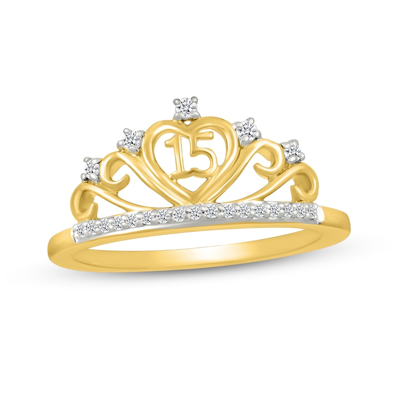 Main Image 1 of 1/8 CT. T.W. Diamond Quinceañera “15” Crown Ring in Sterling Silver with 10K Gold Plate