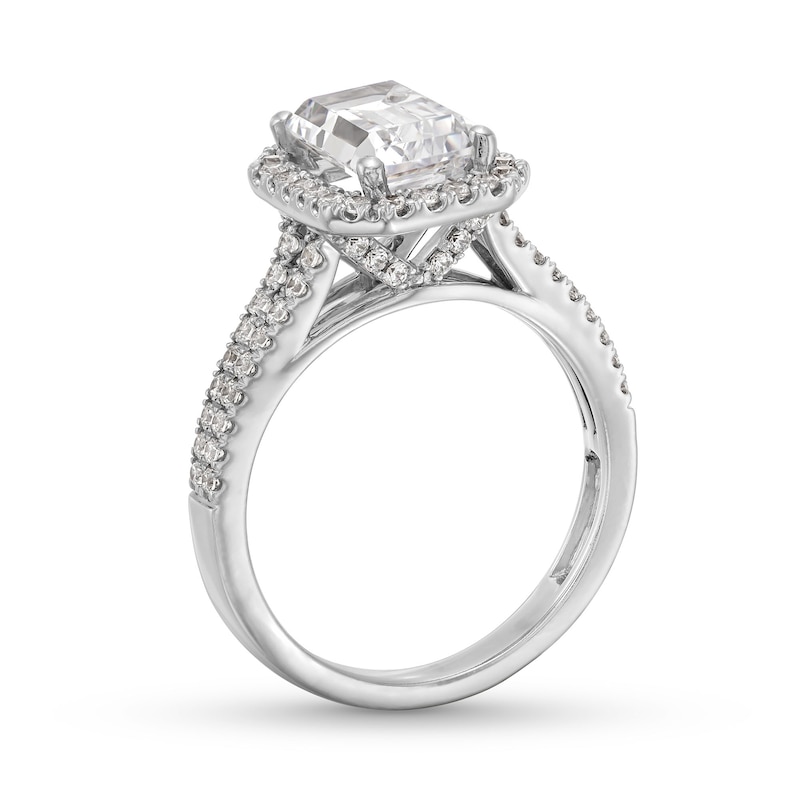 Main Image 3 of 3-1/2 CT. T.W. Emerald-Cut Certified Lab-Grown Diamond Frame Double Row Engagement Ring in 14K White Gold (F/SI2)
