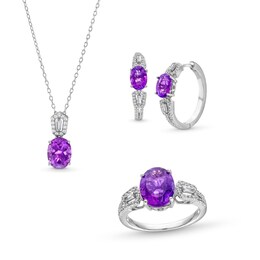 Oval Amethyst and White Lab-Created Sapphire Pendant, Ring and Hoop Earrings Set in Sterling Silver - Size 7