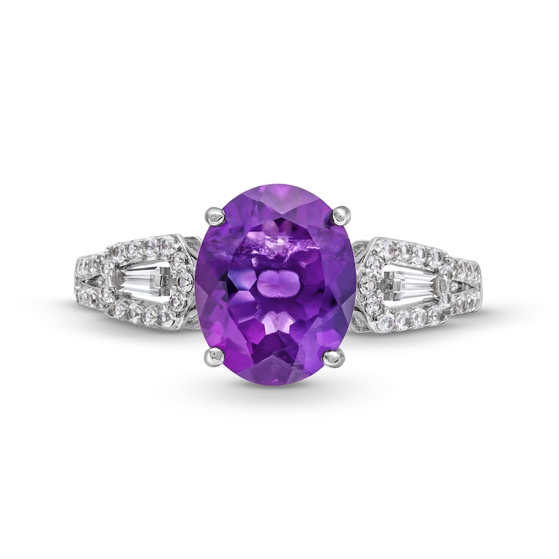 Main Image 4 of Oval Amethyst and White Lab-Created Sapphire Pendant, Ring and Hoop Earrings Set in Sterling Silver - Size 7