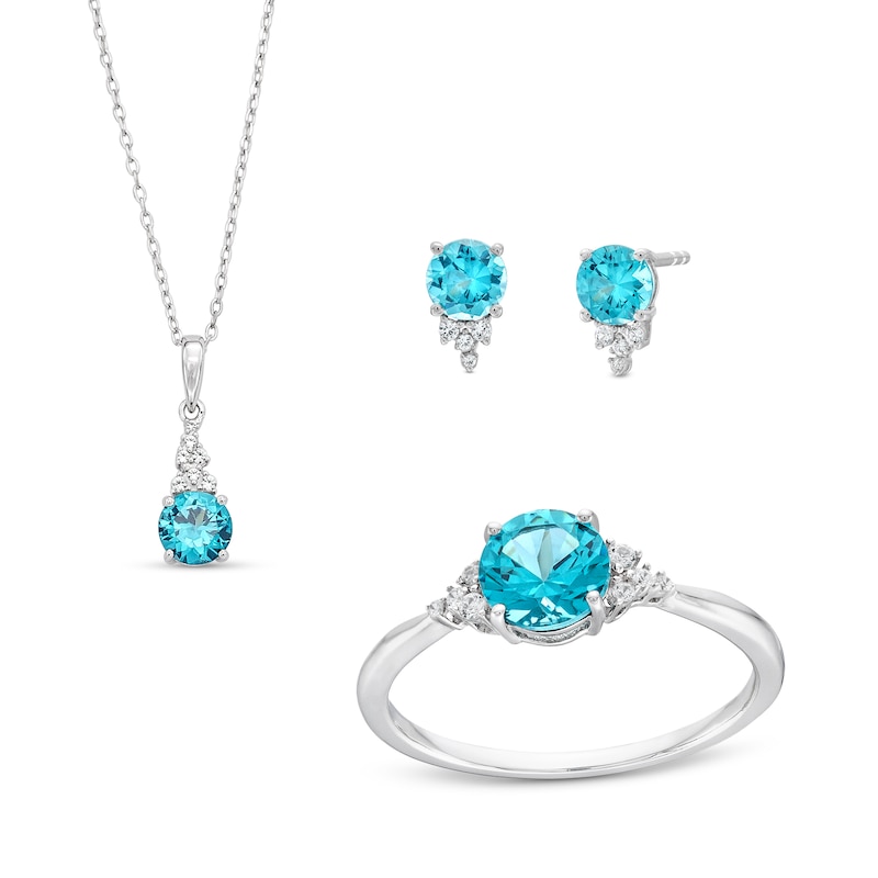 Main Image 1 of London Blue Topaz and White Lab-Created Sapphire Pendant, Ring, and Earrings Set in Sterling Silver - Size 7