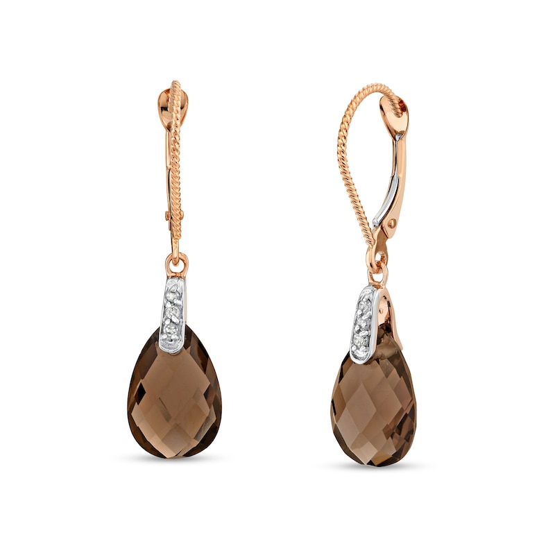 Main Image 1 of Pear-Shaped Smoky Quartz and 1/20 CT. T.W. Diamond Drop Earrings in 14K Rose Gold
