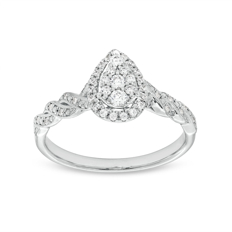 Main Image 1 of 1/4 CT. T.W. Pear-Shaped Multi-Diamond Frame Twist Shank Vintage-Style Promise Ring in 10K White Gold