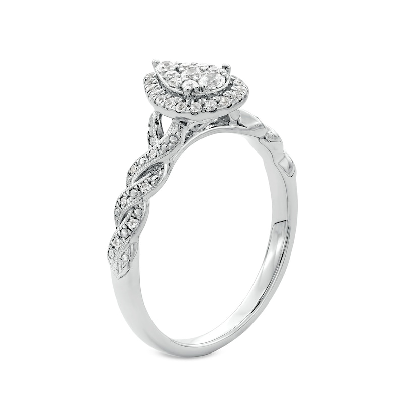 Main Image 3 of 1/4 CT. T.W. Pear-Shaped Multi-Diamond Frame Twist Shank Vintage-Style Promise Ring in 10K White Gold
