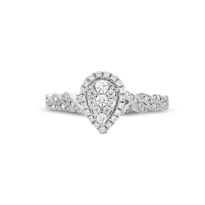 Main Image 4 of 1/4 CT. T.W. Pear-Shaped Multi-Diamond Frame Twist Shank Vintage-Style Promise Ring in 10K White Gold