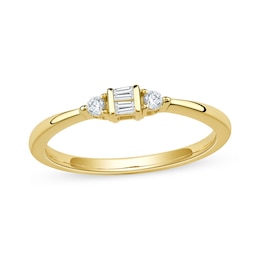 1/10 CT. T.W. Baguette and Round Lab-Grown Diamond Three Stone Ring in 10K Gold (F/SI2)
