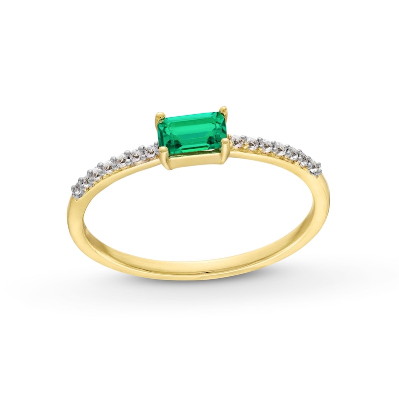 Main Image 1 of Sideways Emerald-Cut Lab-Created Emerald and White Lab-Created Sapphire Ring in Sterling Silver with 14K Gold Plate