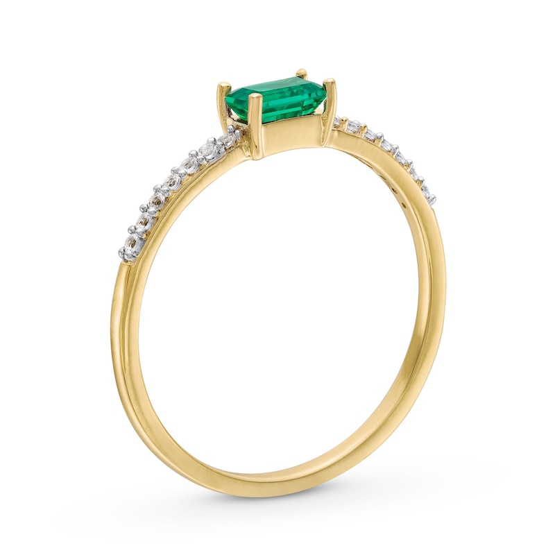 Main Image 3 of Sideways Emerald-Cut Lab-Created Emerald and White Lab-Created Sapphire Ring in Sterling Silver with 14K Gold Plate