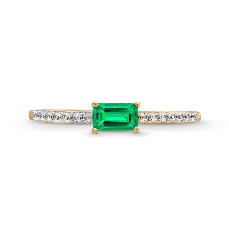 Main Image 4 of Sideways Emerald-Cut Lab-Created Emerald and White Lab-Created Sapphire Ring in Sterling Silver with 14K Gold Plate