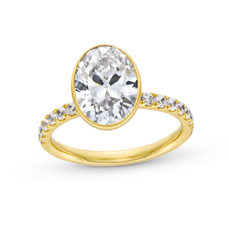 Main Image 1 of 3-1/3 CT. T.W. Oval Certified Lab-Grown Diamond Polished Frame Engagement Ring in 14K Gold (F/VS2)