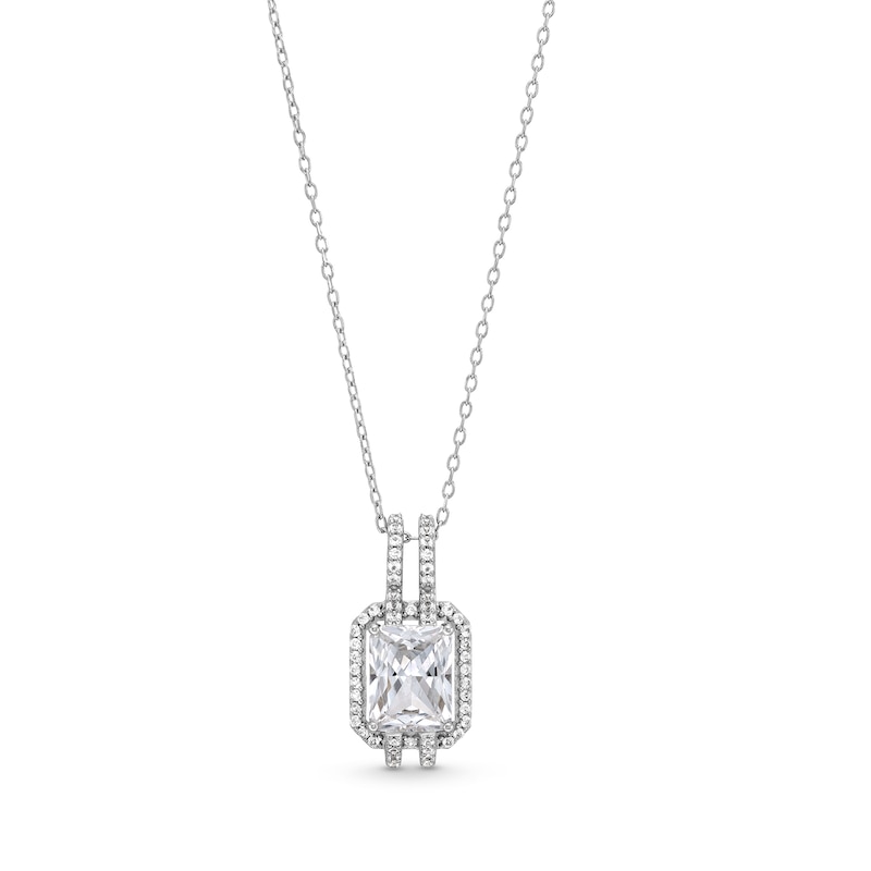 Main Image 1 of Radiant-Cut White Lab-Created Sapphire Frame Split Bail Drop Pendant in Sterling Silver