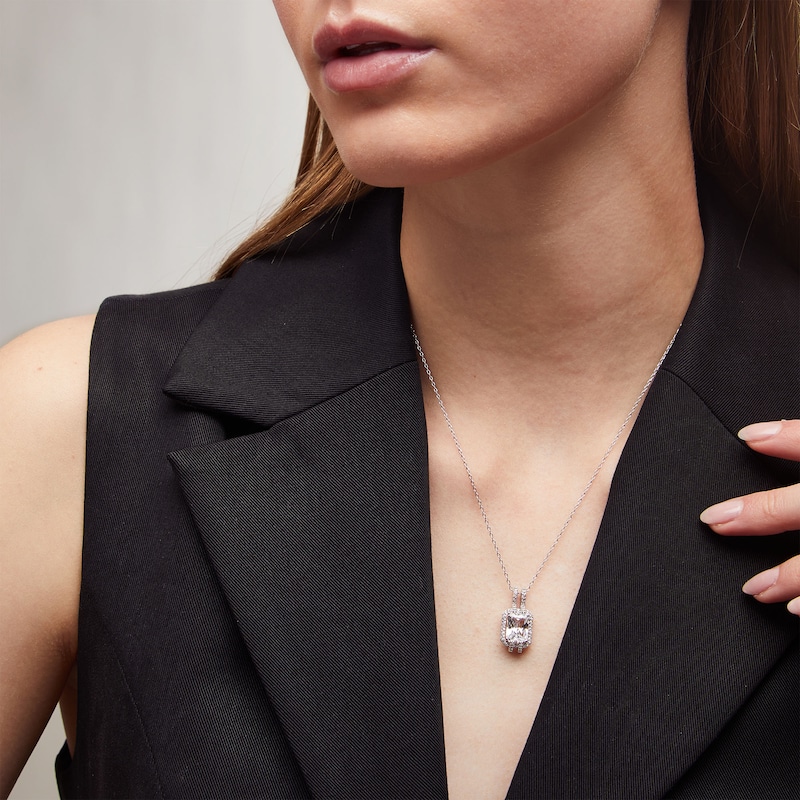 Main Image 2 of Radiant-Cut White Lab-Created Sapphire Frame Split Bail Drop Pendant in Sterling Silver