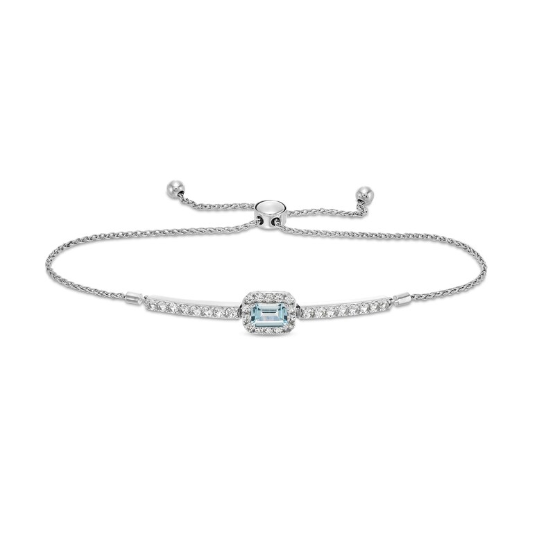 Main Image 1 of Emerald-Cut Aquamarine and White Lab-Created Sapphire Frame Bar Bolo Bracelet in Sterling Silver - 9.0&quot;