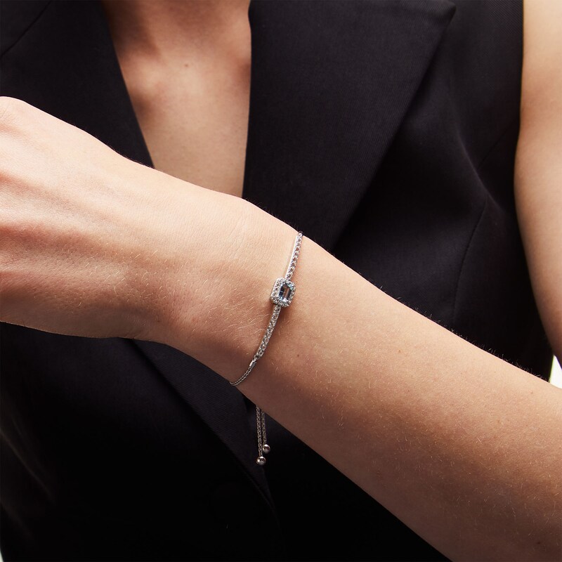 Main Image 2 of Emerald-Cut Aquamarine and White Lab-Created Sapphire Frame Bar Bolo Bracelet in Sterling Silver - 9.0&quot;