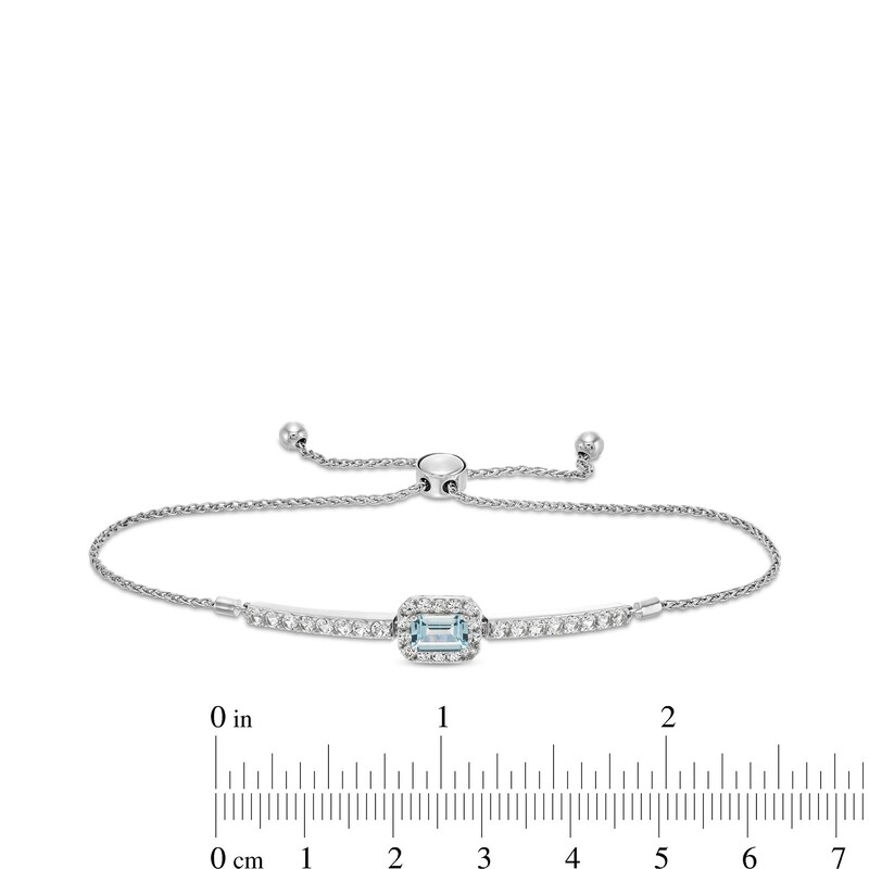 Main Image 3 of Emerald-Cut Aquamarine and White Lab-Created Sapphire Frame Bar Bolo Bracelet in Sterling Silver - 9.0&quot;