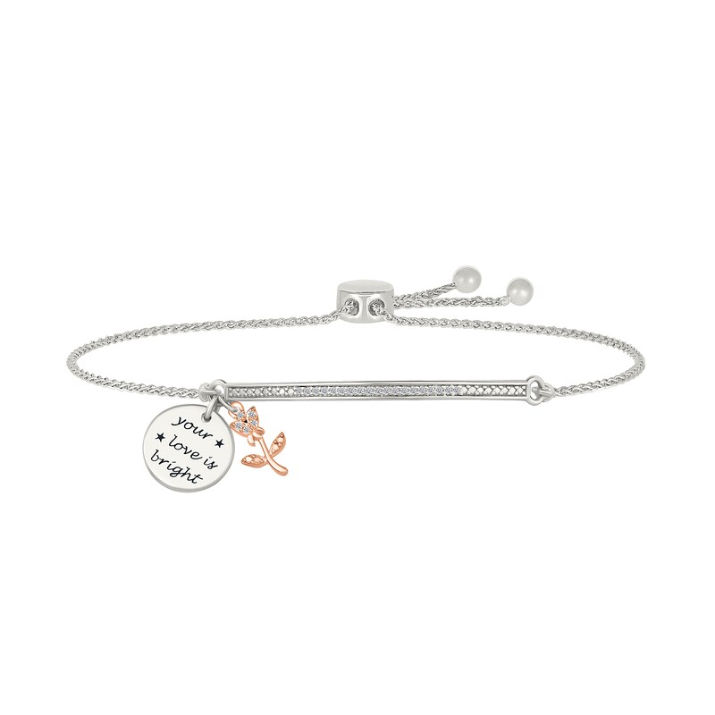 Main Image 1 of 1/10 CT. T.W. Diamond "AUNT" Flower and Disc Charm Bolo Bracelet in Sterling Silver and 10K Rose Gold - 9.0"