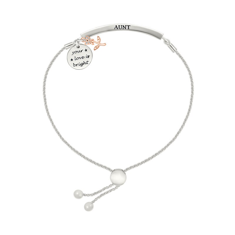 Main Image 2 of 1/10 CT. T.W. Diamond "AUNT" Flower and Disc Charm Bolo Bracelet in Sterling Silver and 10K Rose Gold - 9.0"