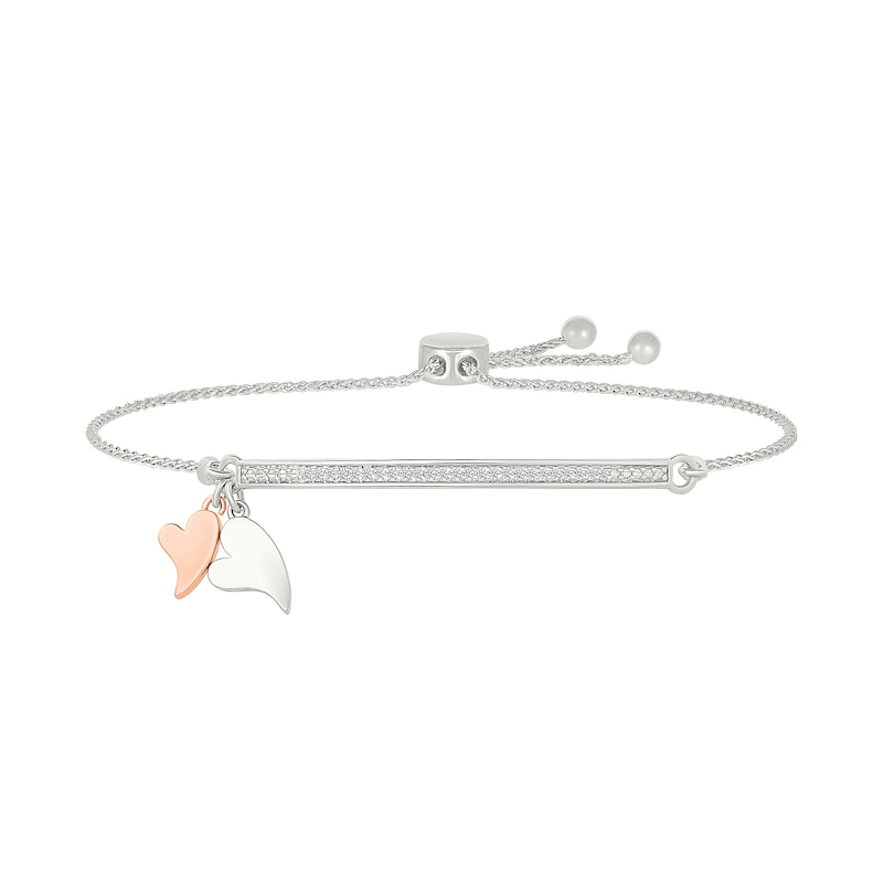 Main Image 1 of 1/10 CT. T.W. Diamond "TE AMO" Double Heart Charm Bolo Bracelet in Sterling Silver and 10K Rose Gold - 9.0"