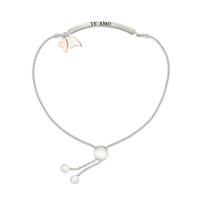 Main Image 2 of 1/10 CT. T.W. Diamond "TE AMO" Double Heart Charm Bolo Bracelet in Sterling Silver and 10K Rose Gold - 9.0"