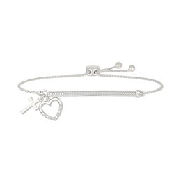 1/10 CT. T.W. Diamond "BEYOND BLESSED" Cross and Heart Double Charm Bolo Bracelet in Sterling Silver - 9.0"