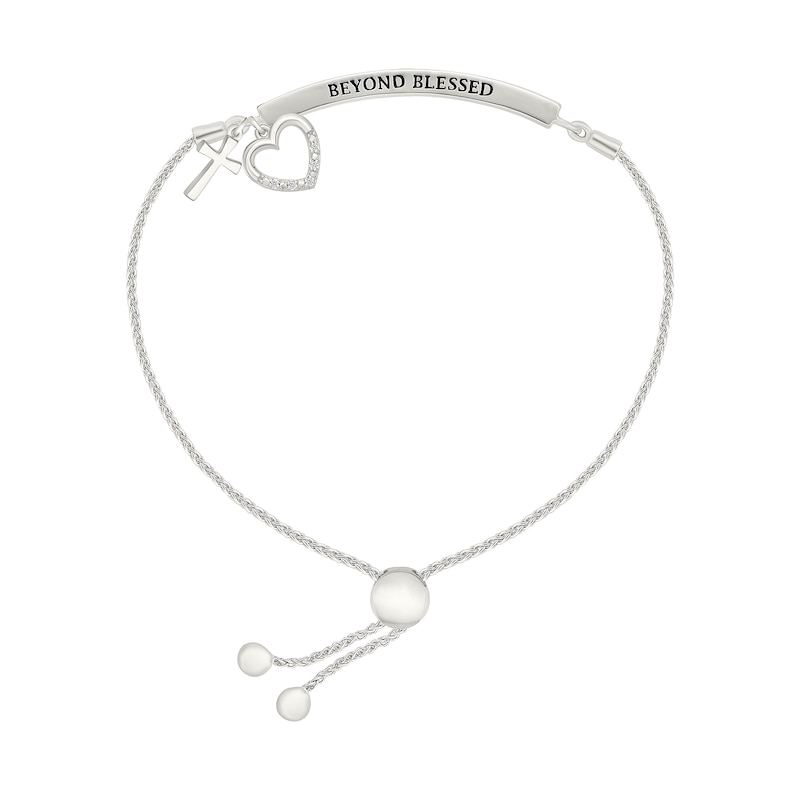 Main Image 2 of 1/10 CT. T.W. Diamond "BEYOND BLESSED" Cross and Heart Double Charm Bolo Bracelet in Sterling Silver - 9.0"