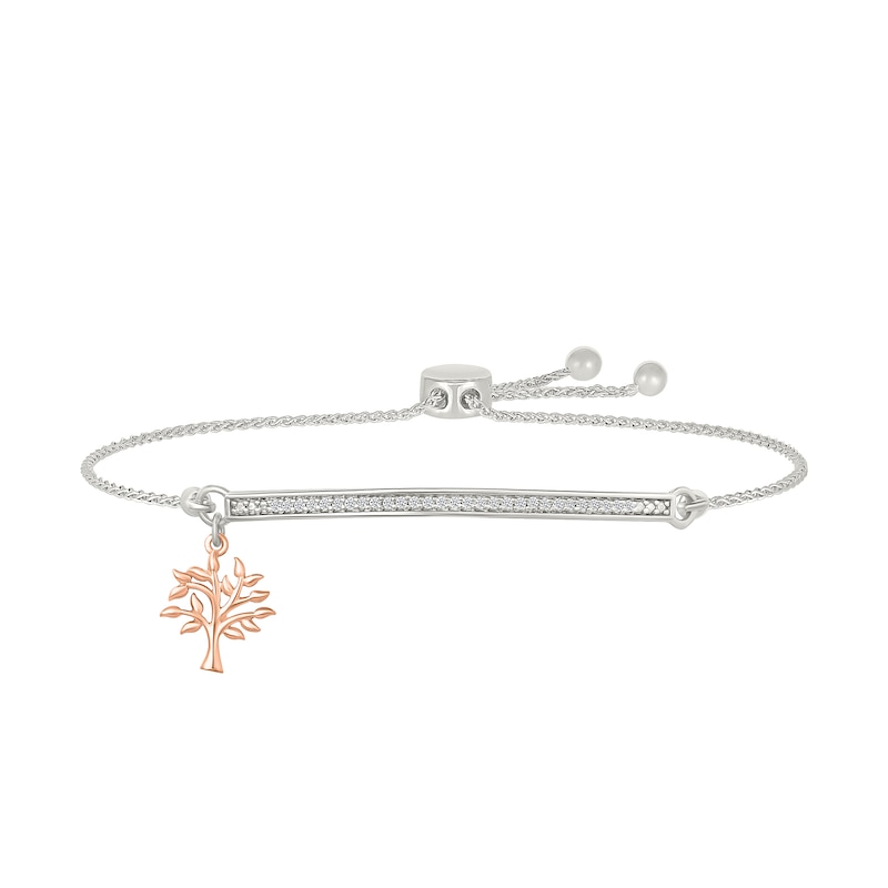 Main Image 1 of 1/8 CT. T.W. Diamond "FAMILY FOREVER" Tree Charm Bolo Bracelet in Sterling Silver and 10K Rose Gold - 9.0"