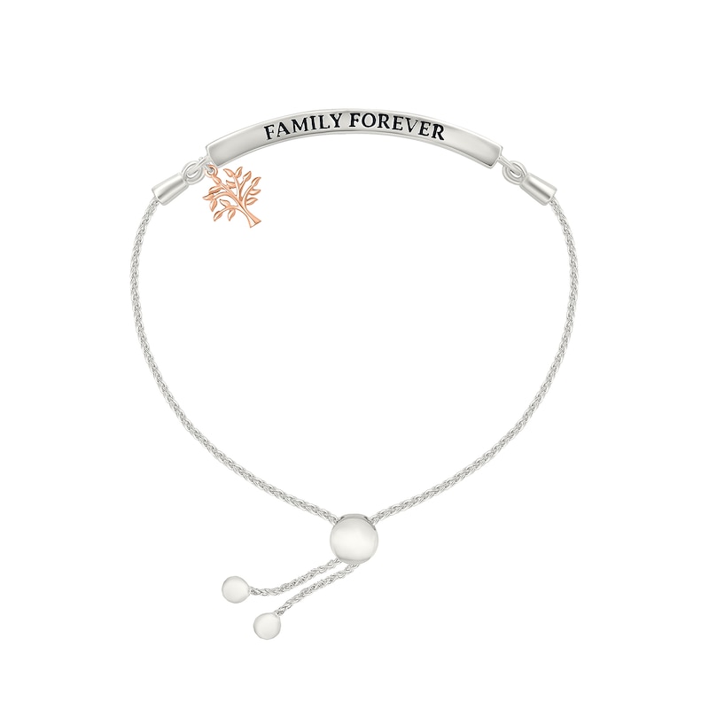Main Image 2 of 1/8 CT. T.W. Diamond "FAMILY FOREVER" Tree Charm Bolo Bracelet in Sterling Silver and 10K Rose Gold - 9.0"