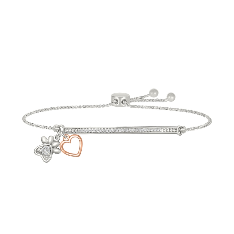 Main Image 1 of 1/8 CT. T.W. Diamond "DOG MOM" Paw Print and Heart Charm Bolo Bracelet in Sterling Silver and 10K Rose Gold - 9.0"