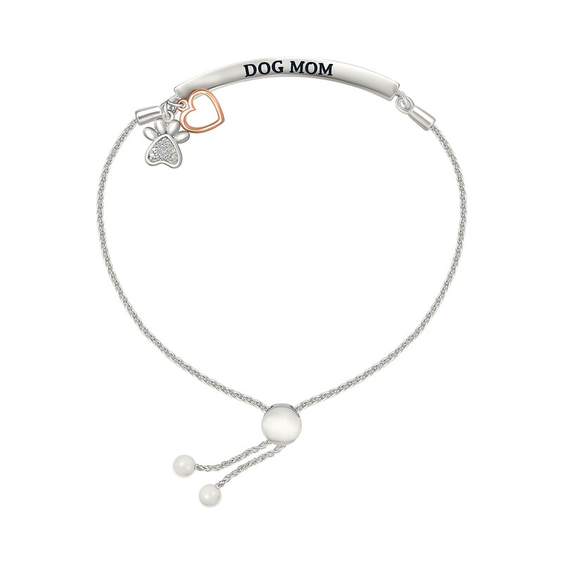 Main Image 2 of 1/8 CT. T.W. Diamond "DOG MOM" Paw Print and Heart Charm Bolo Bracelet in Sterling Silver and 10K Rose Gold - 9.0"