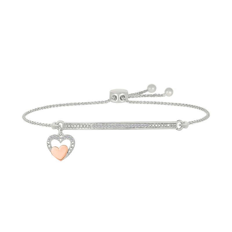 Main Image 1 of 1/10 CT. T.W. Diamond "DADDY'S GIRL" Layered Heart Charm Bolo Bracelet in Sterling Silver and 10K Rose Gold - 9.0"