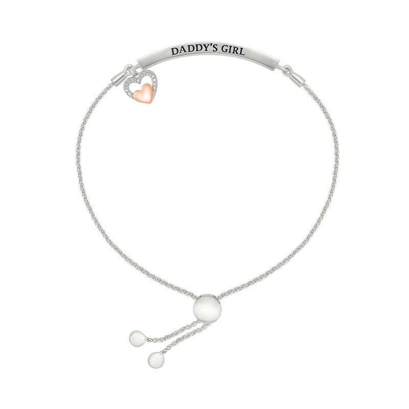 Main Image 2 of 1/10 CT. T.W. Diamond "DADDY'S GIRL" Layered Heart Charm Bolo Bracelet in Sterling Silver and 10K Rose Gold - 9.0"