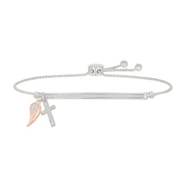 1/6 CT. T.W. Diamond "BELIEVE" Cross and Angel Wing Charm Bolo Bracelet in Sterling Silver and 10K Rose Gold - 9.0"