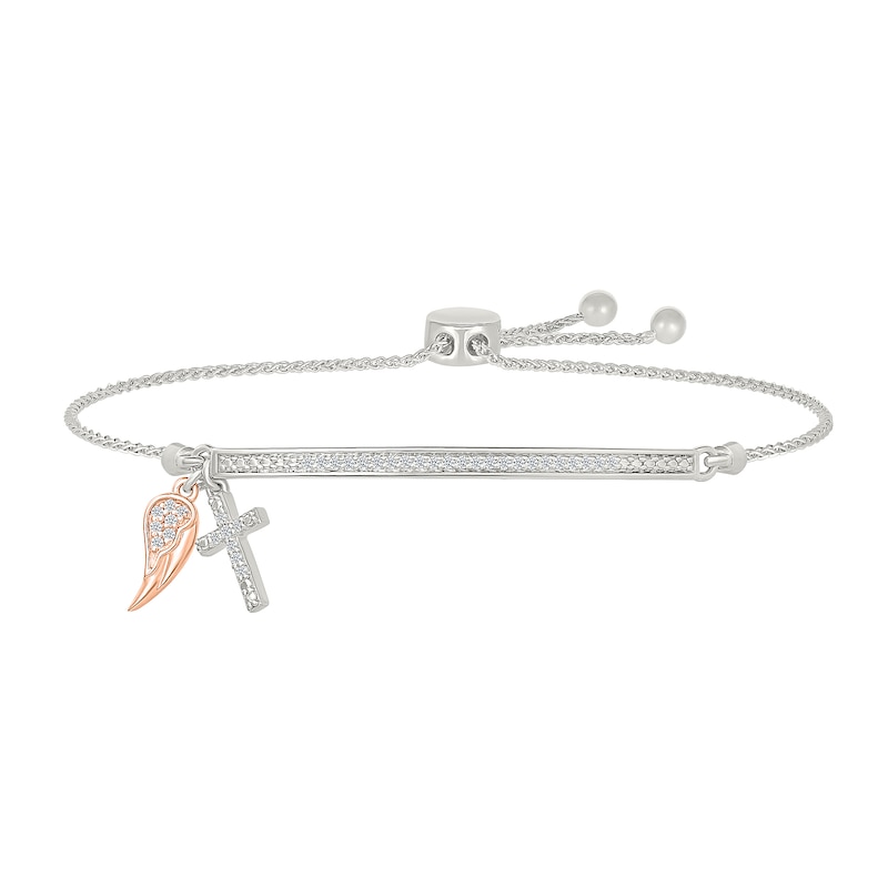 Main Image 1 of 1/6 CT. T.W. Diamond "BELIEVE" Cross and Angel Wing Charm Bolo Bracelet in Sterling Silver and 10K Rose Gold - 9.0"
